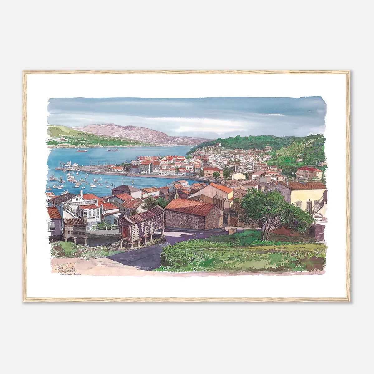 Corcubión, Galicia, Spain – Framed Coastal Watercolour Art Print in Wood Frame