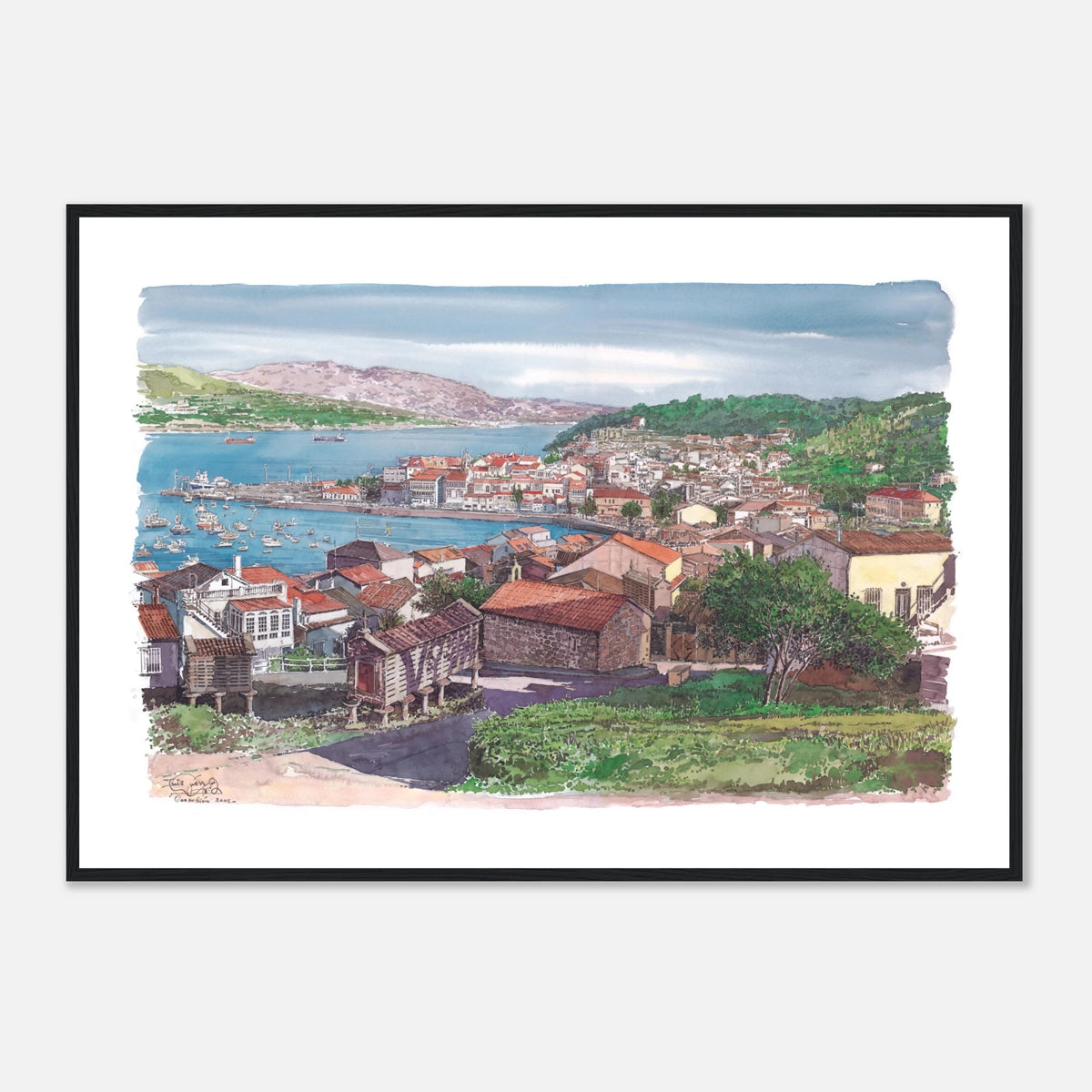 Corcubión, Galicia, Spain – Framed Coastal Watercolour Art Print in Wood Frame