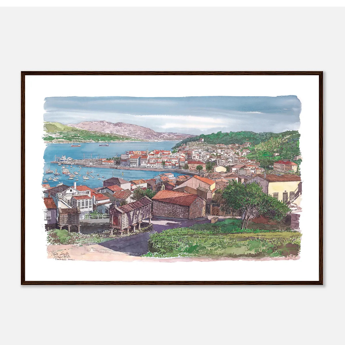 Corcubión, Galicia, Spain – Framed Coastal Watercolour Art Print in Wood Frame