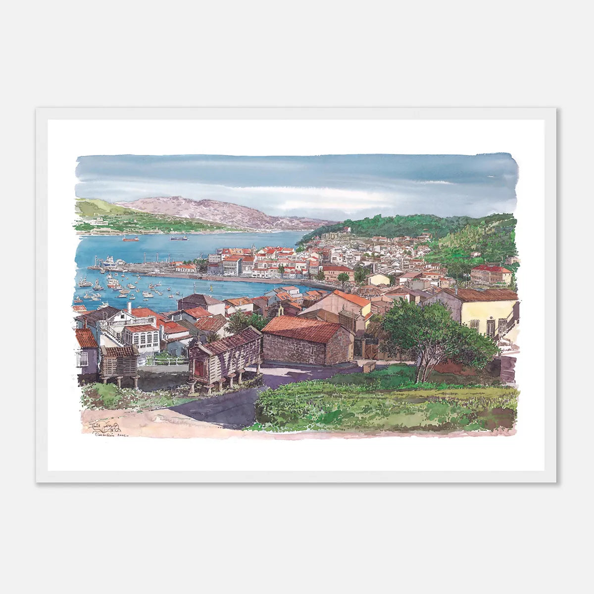 Corcubión, Galicia, Spain – Framed Coastal Watercolour Art Print in Wood Frame