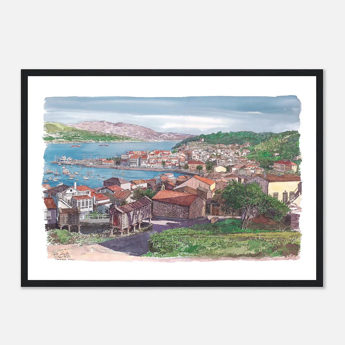 Corcubión, Galicia, Spain – Framed Coastal Watercolour Art Print in Wood Frame