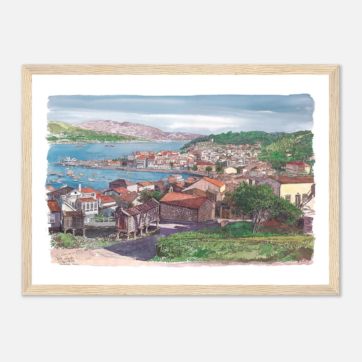 Corcubión, Galicia, Spain – Framed Coastal Watercolour Art Print in Wood Frame