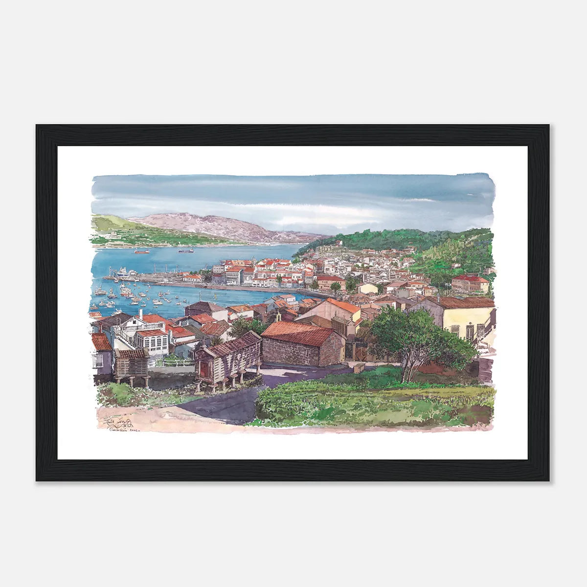 Corcubión, Galicia, Spain – Framed Coastal Watercolour Art Print in Wood Frame