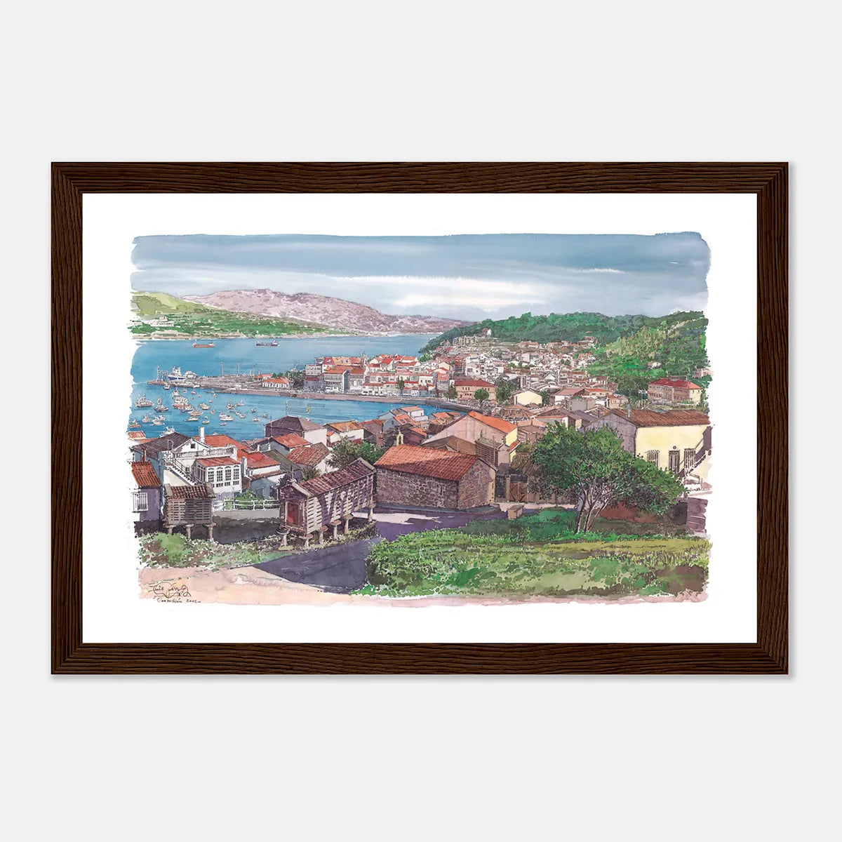 Corcubión, Galicia, Spain – Framed Coastal Watercolour Art Print in Wood Frame