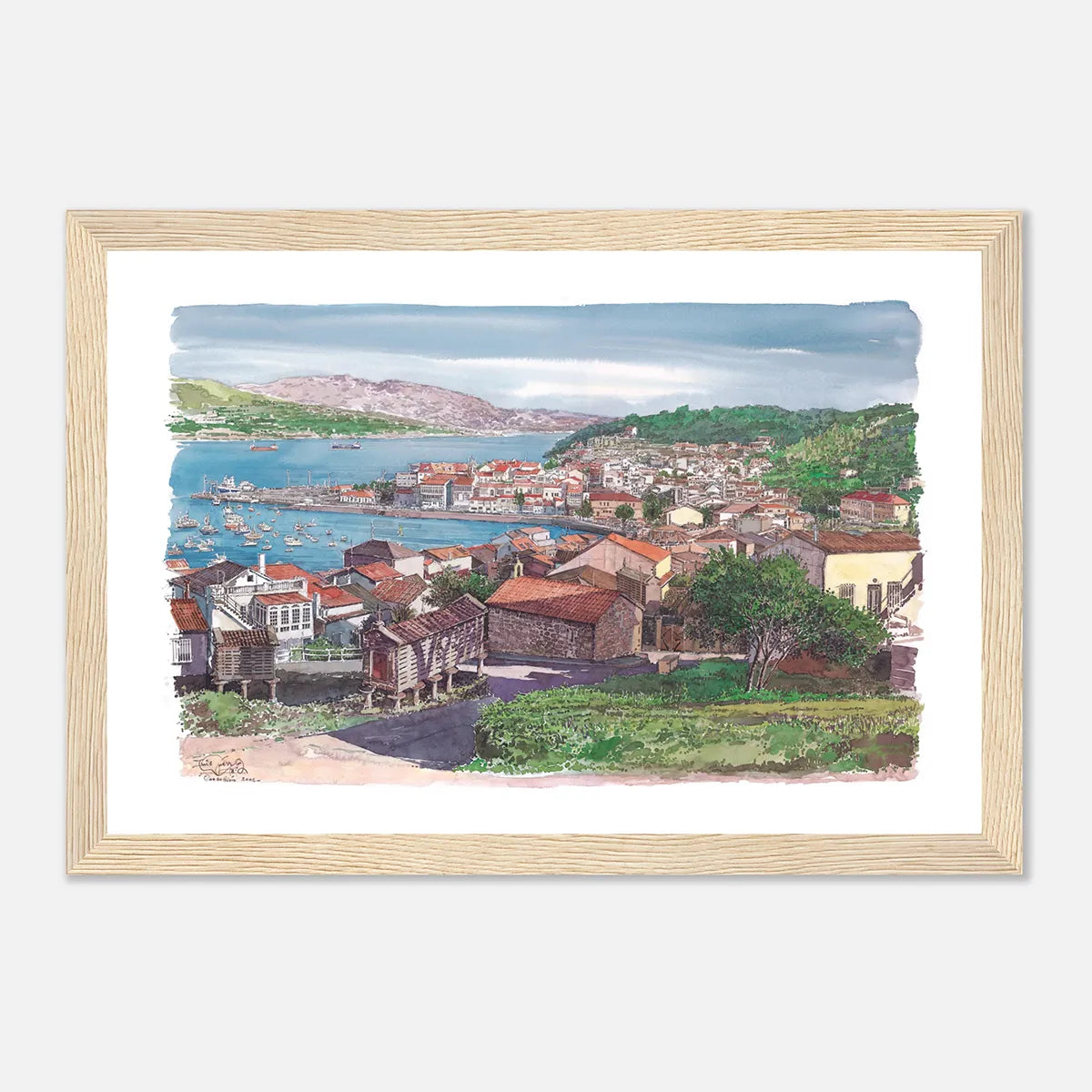 Corcubión, Galicia, Spain – Framed Coastal Watercolour Art Print in Wood Frame