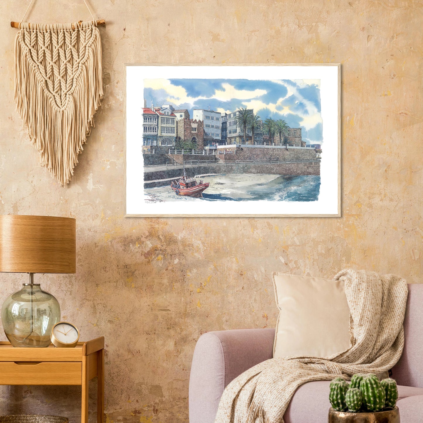 Praia e Paseo da Ribeira, A Coruña – Framed Watercolour Art Print