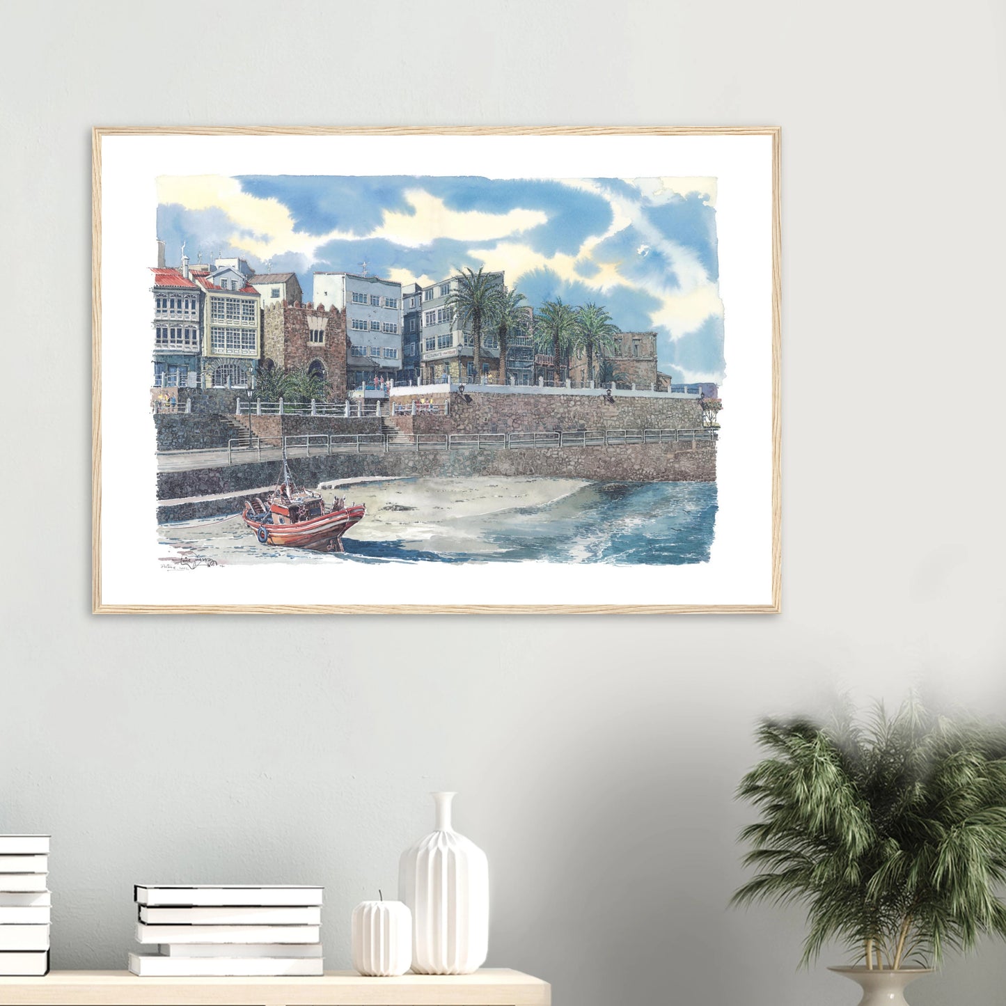 Praia e Paseo da Ribeira, A Coruña – Framed Watercolour Art Print