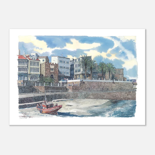 Praia e paseo da Ribeira, A Coruña – Coastal Watercolour Poster