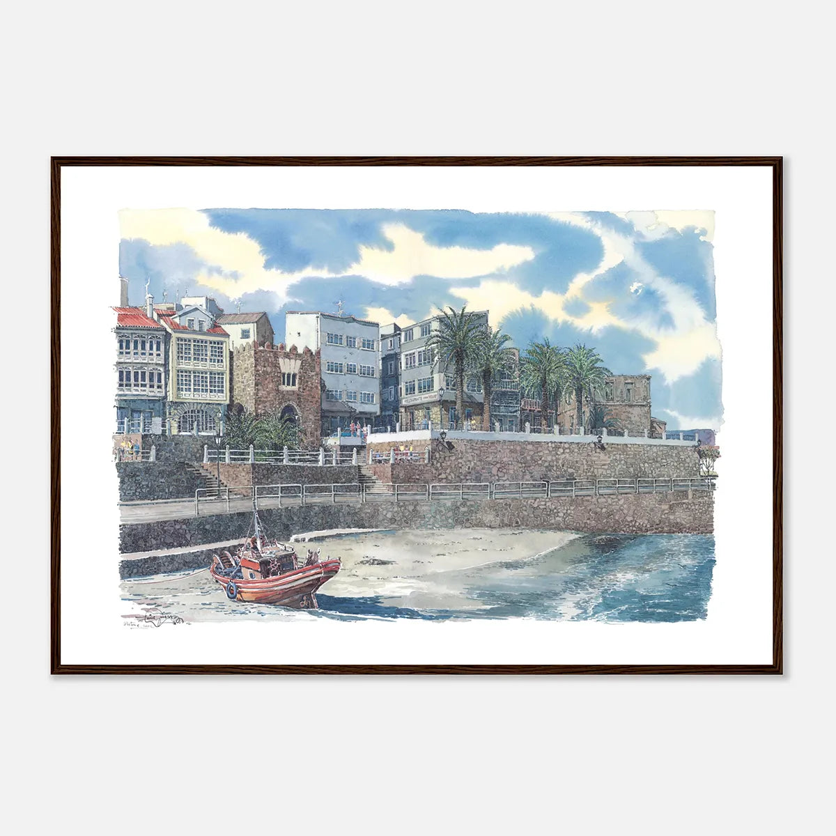 Praia e Paseo da Ribeira, A Coruña – Framed Watercolour Art Print