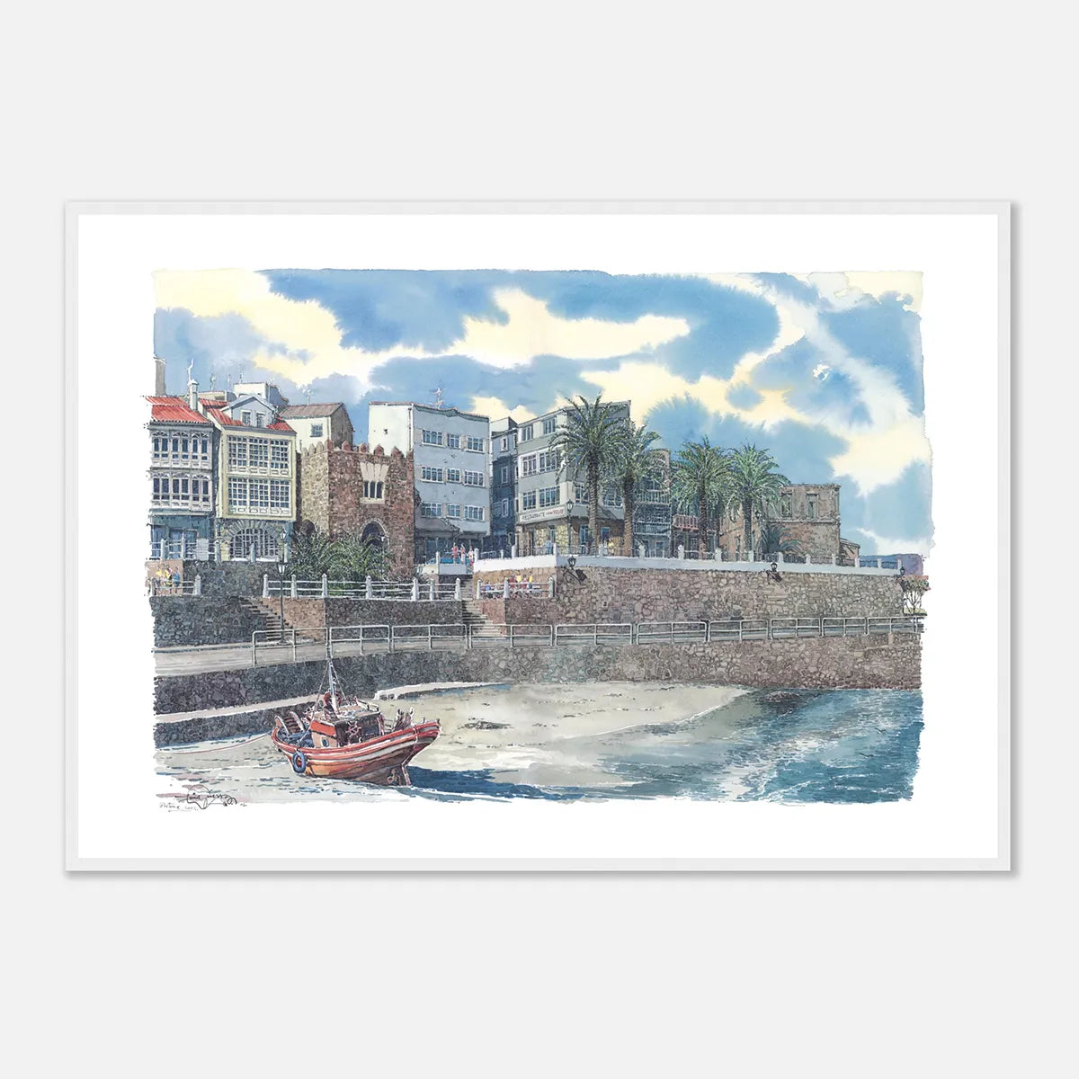 Praia e Paseo da Ribeira, A Coruña – Framed Watercolour Art Print