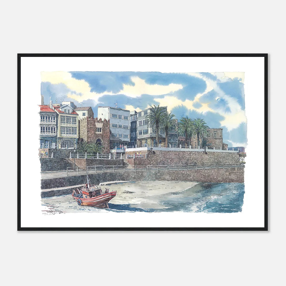 Praia e Paseo da Ribeira, A Coruña – Framed Watercolour Art Print