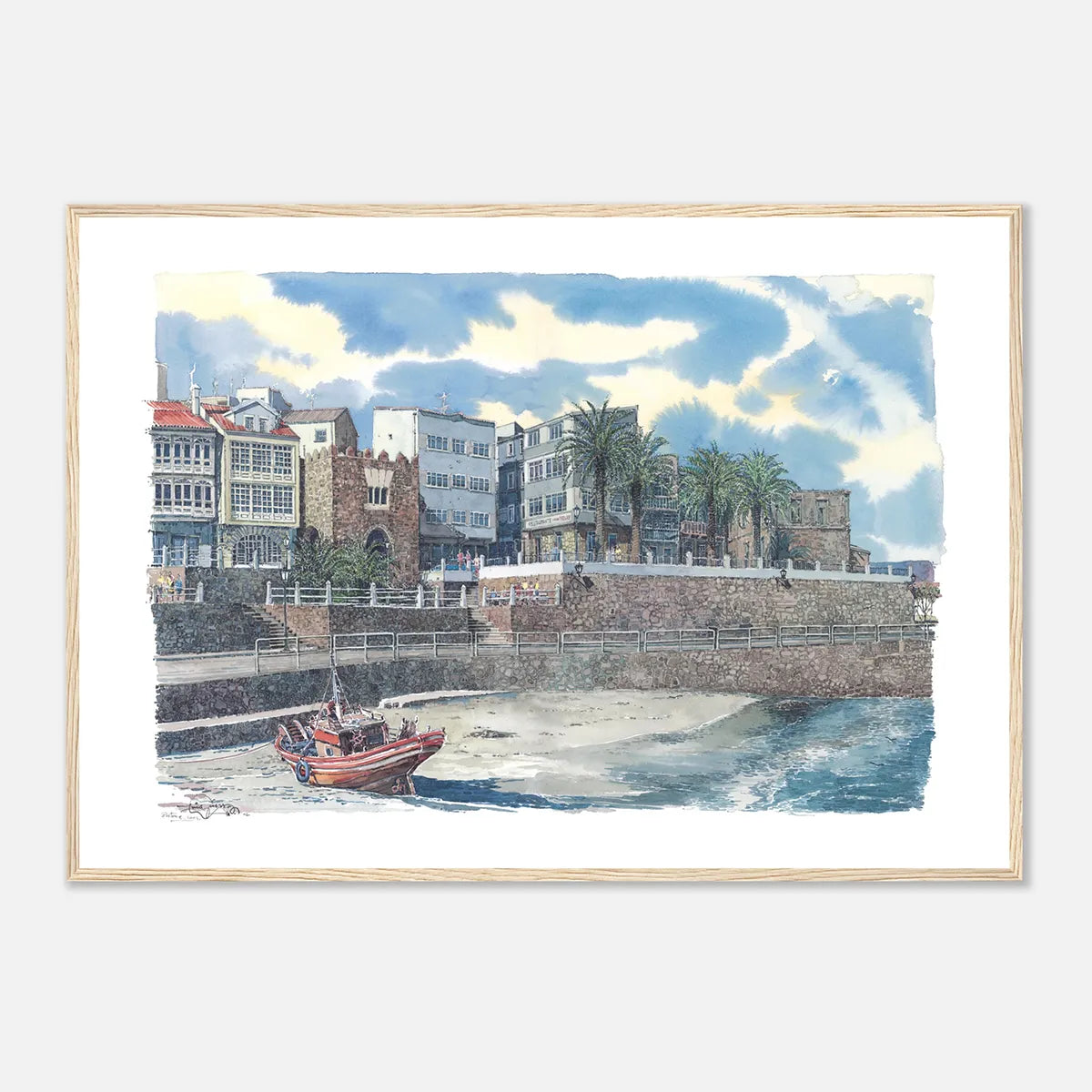 Praia e Paseo da Ribeira, A Coruña – Framed Watercolour Art Print