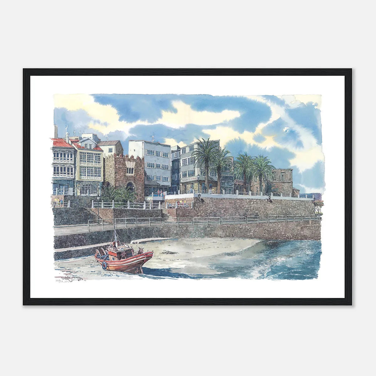 Praia e Paseo da Ribeira, A Coruña – Framed Watercolour Art Print