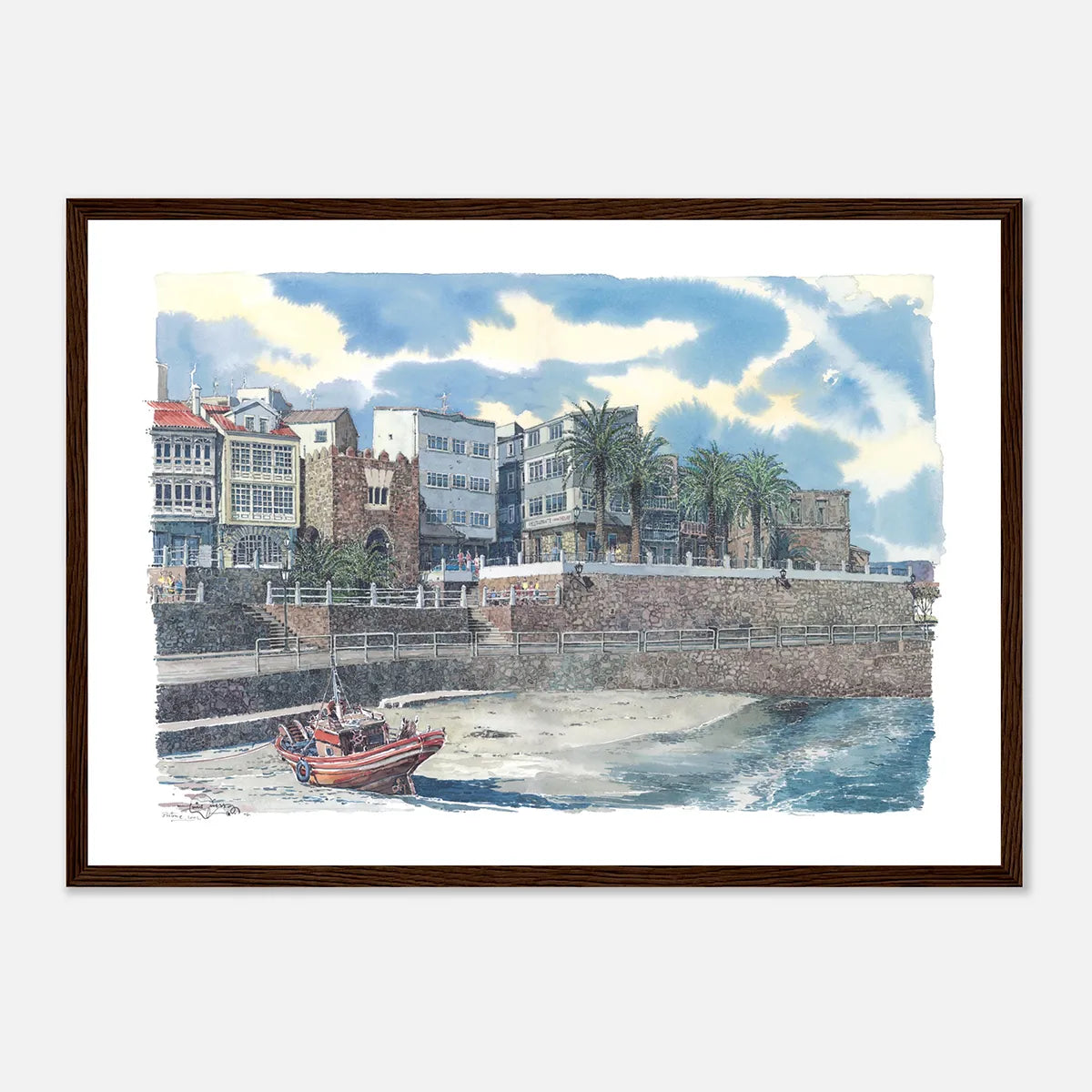 Praia e Paseo da Ribeira, A Coruña – Framed Watercolour Art Print