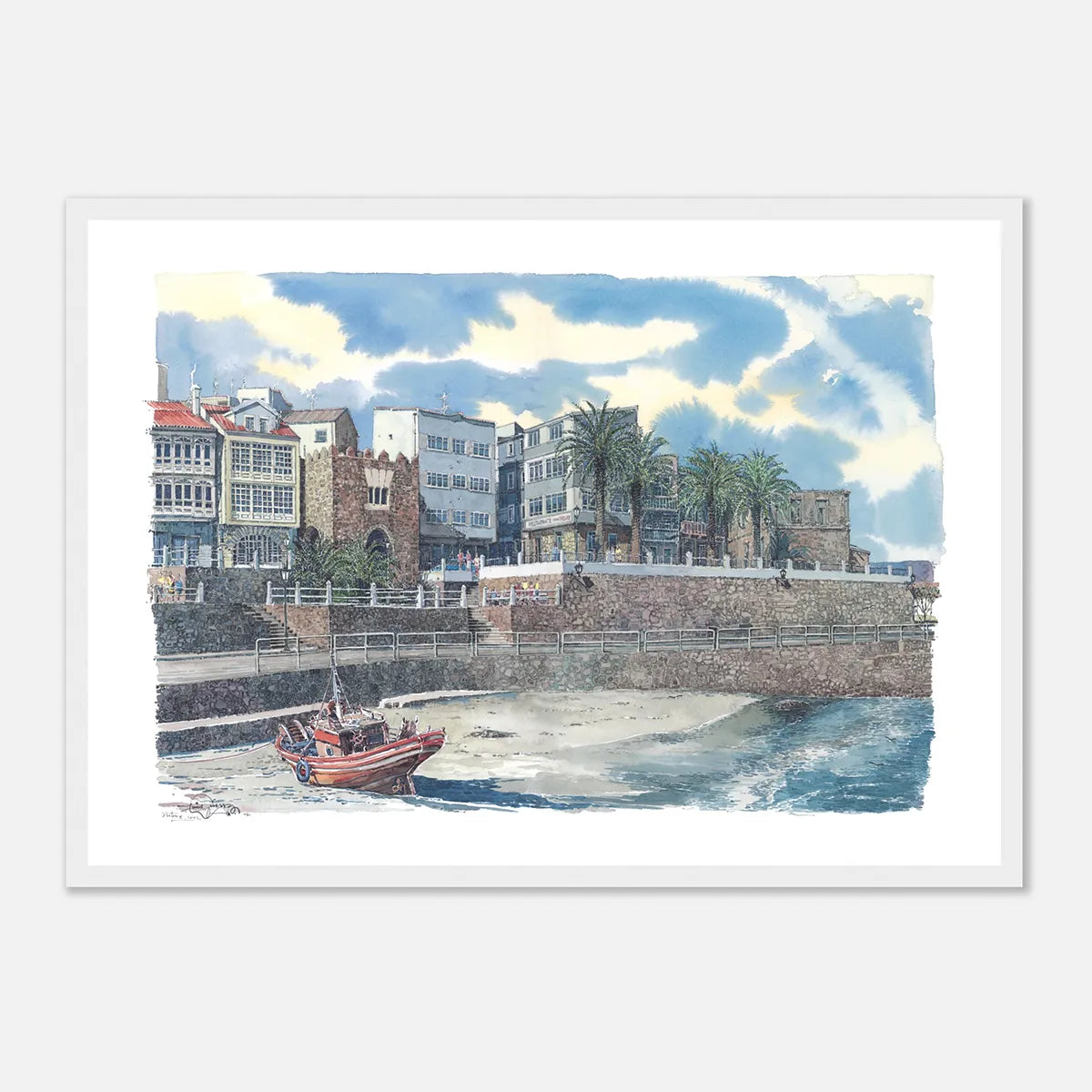 Praia e Paseo da Ribeira, A Coruña – Framed Watercolour Art Print