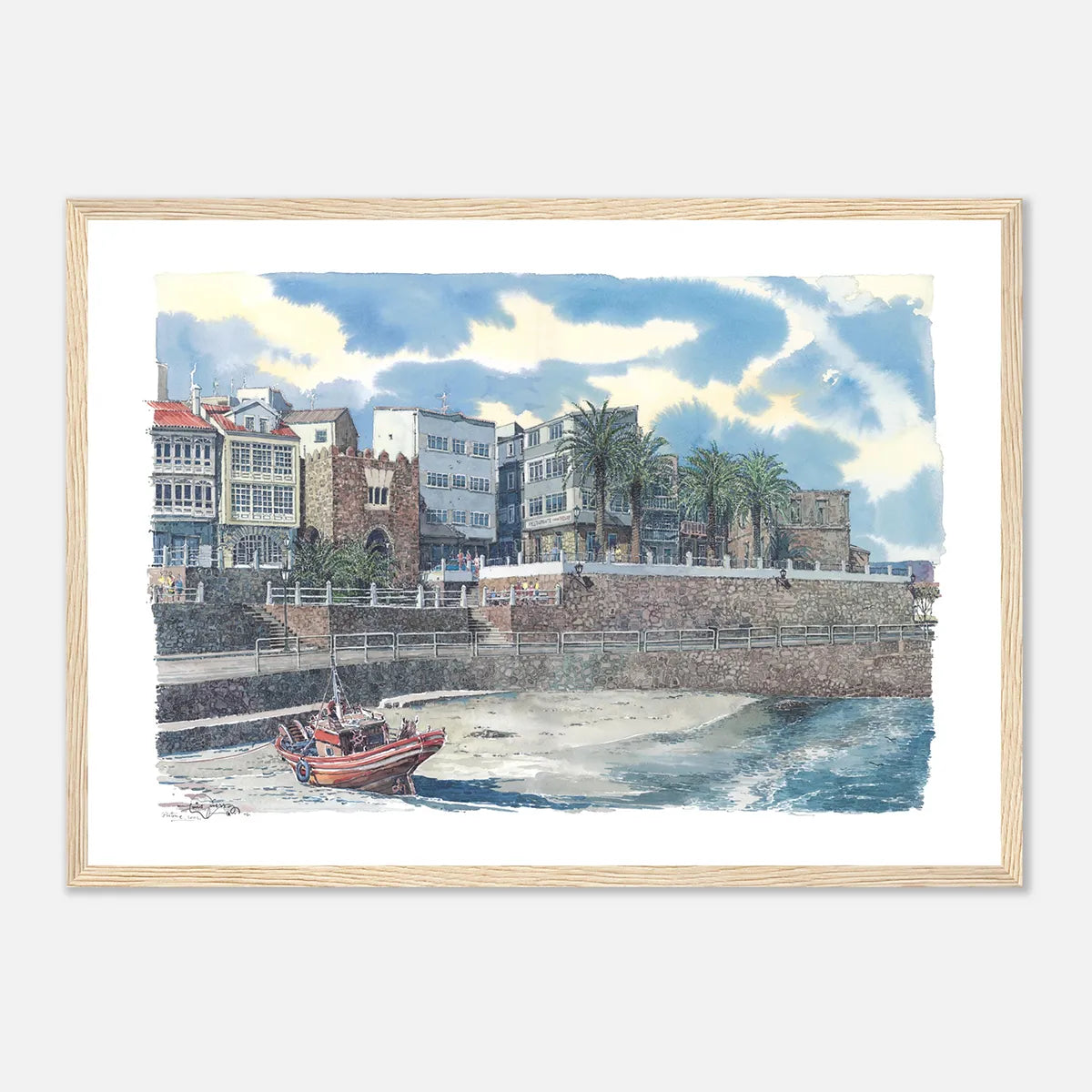 Praia e Paseo da Ribeira, A Coruña – Framed Watercolour Art Print