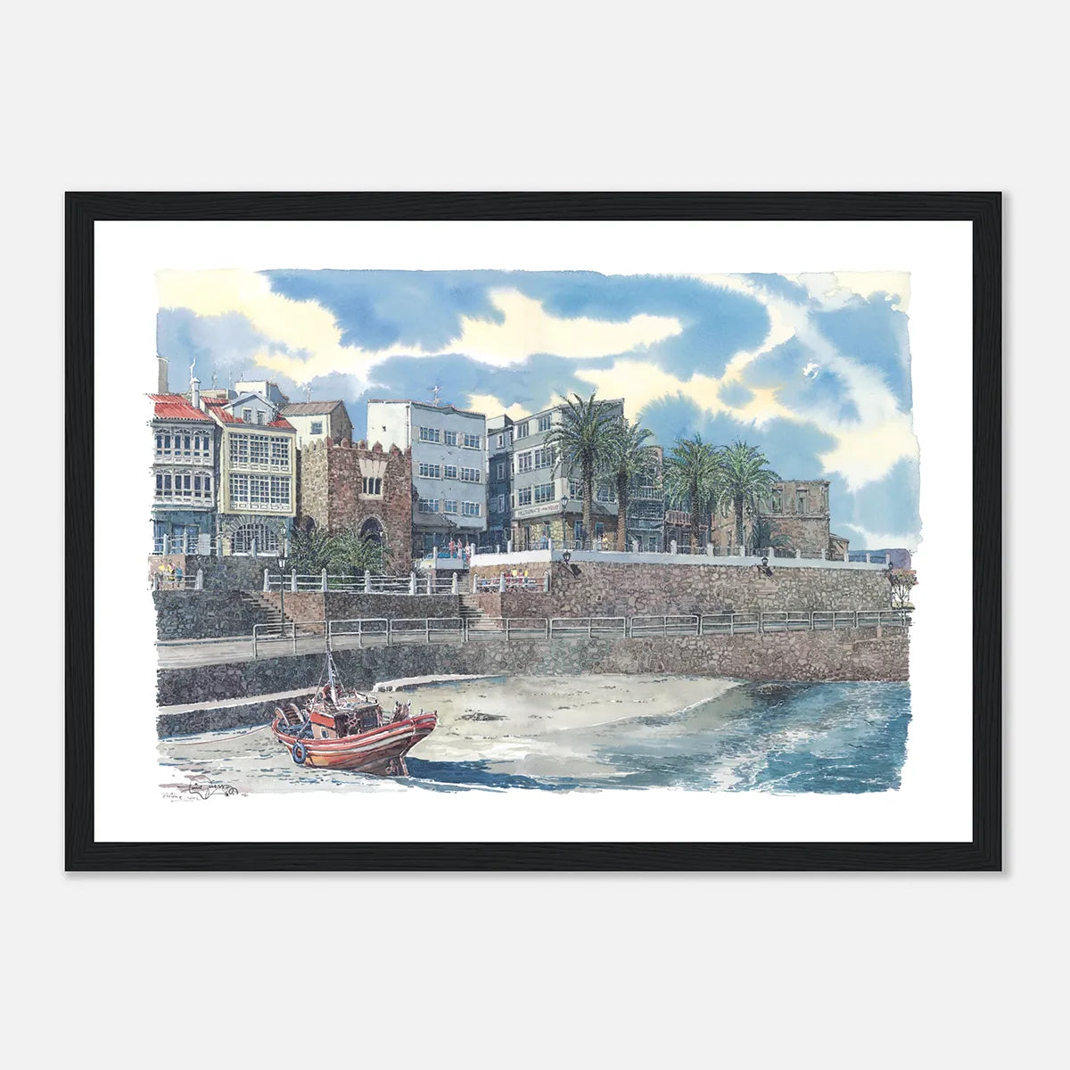 Praia e Paseo da Ribeira, A Coruña – Framed Watercolour Art Print