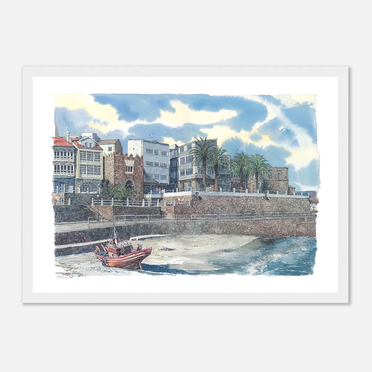 Praia e Paseo da Ribeira, A Coruña – Framed Watercolour Art Print