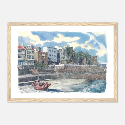 Praia e Paseo da Ribeira, A Coruña – Framed Watercolour Art Print