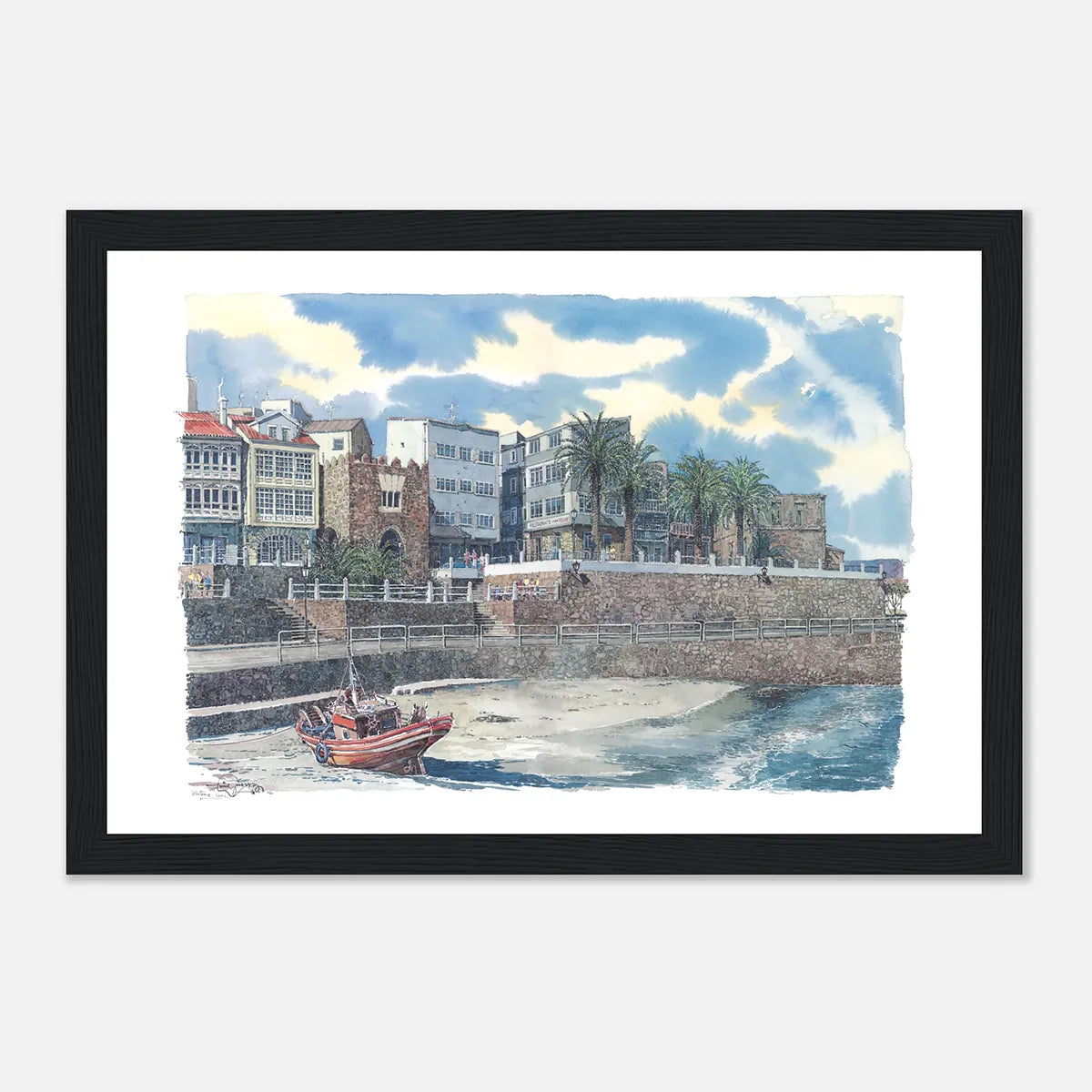 Praia e Paseo da Ribeira, A Coruña – Framed Watercolour Art Print