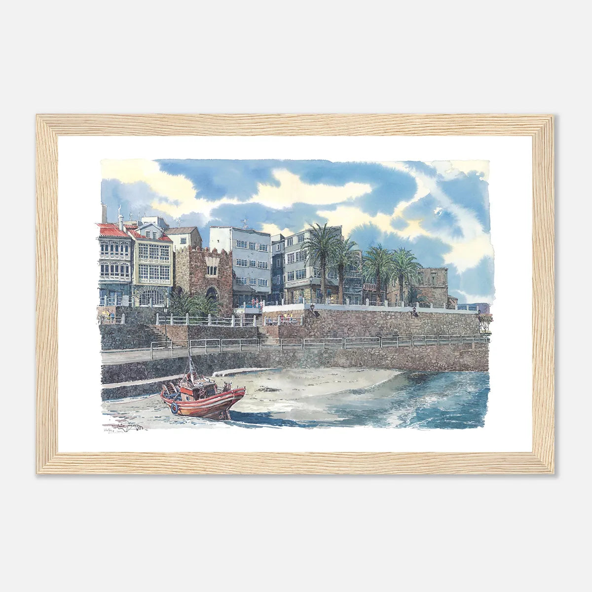 Praia e Paseo da Ribeira, A Coruña – Framed Watercolour Art Print